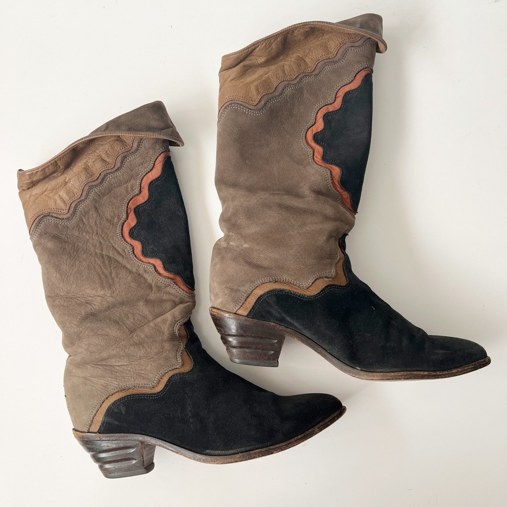 Vintage Zodiac Western Boots 8 Leather Suede Patchwork Slouchy Boho Cowboy